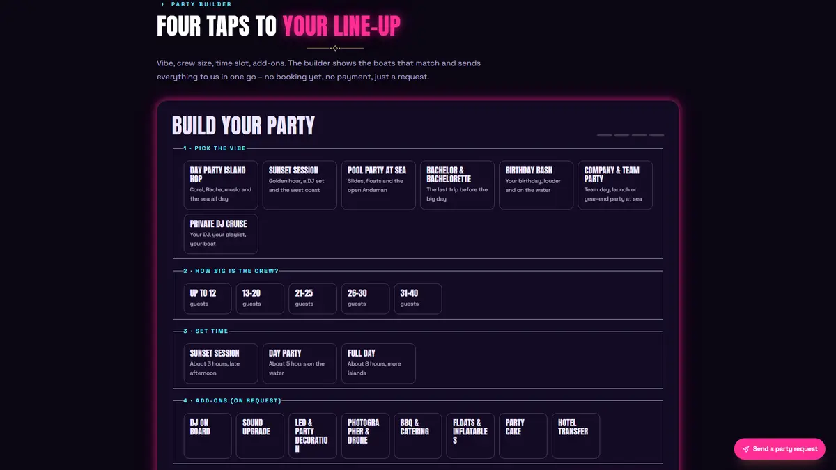 Phuket Yacht Party: Party Boat & DJ Cruise Website with a Party Builder — gallery image 1