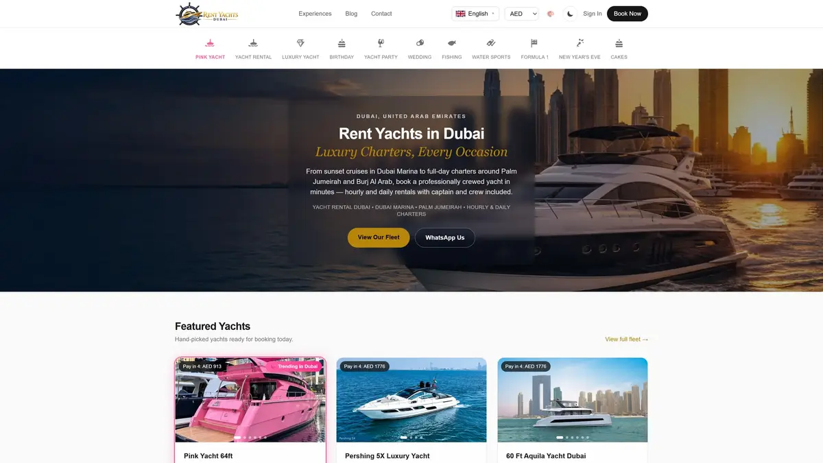 Rent Yachts Dubai: منصة حجز يخوت مخصصة مبنية بـ Next.js