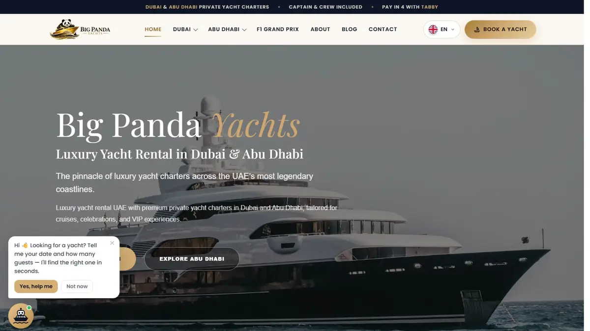 Big Panda Yachts homepage showing a private luxury yacht cruising off the Dubai skyline