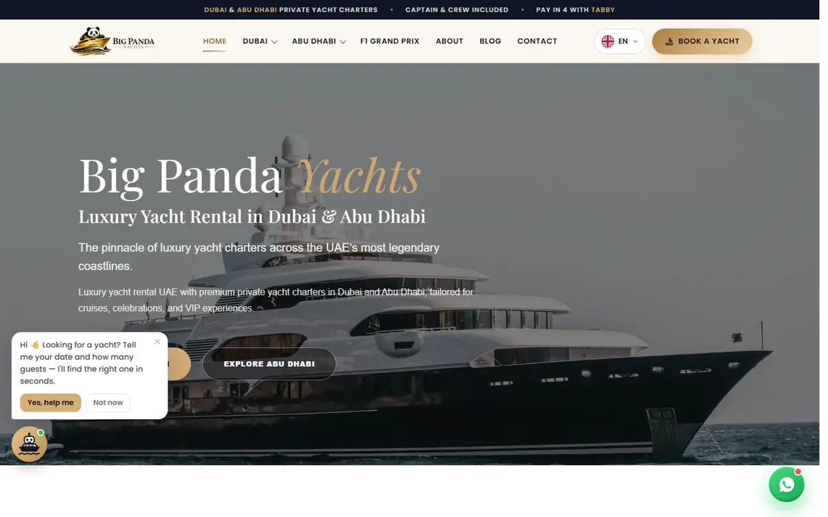 الصفحة الرئيسية لموقع Big Panda Yachts، ورحلات دبي وأبوظبي جنباً إلى جنب