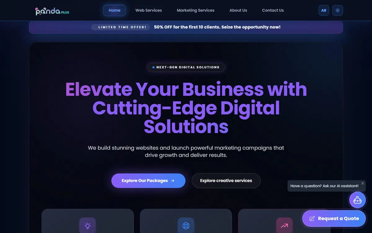 The Panda Plus Digital homepage, introducing web and marketing services for UAE businesses