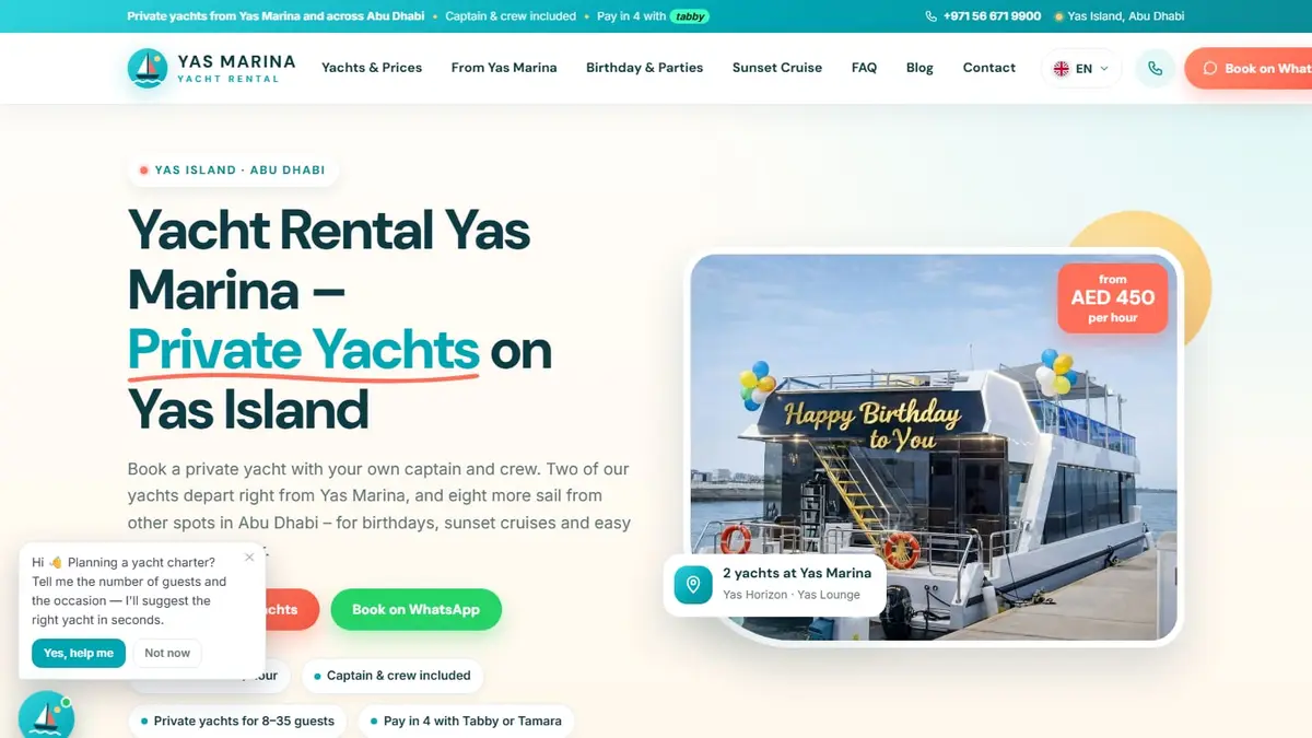 Yas Marina Yacht Rental homepage showing a private yacht at Yas Marina, Abu Dhabi