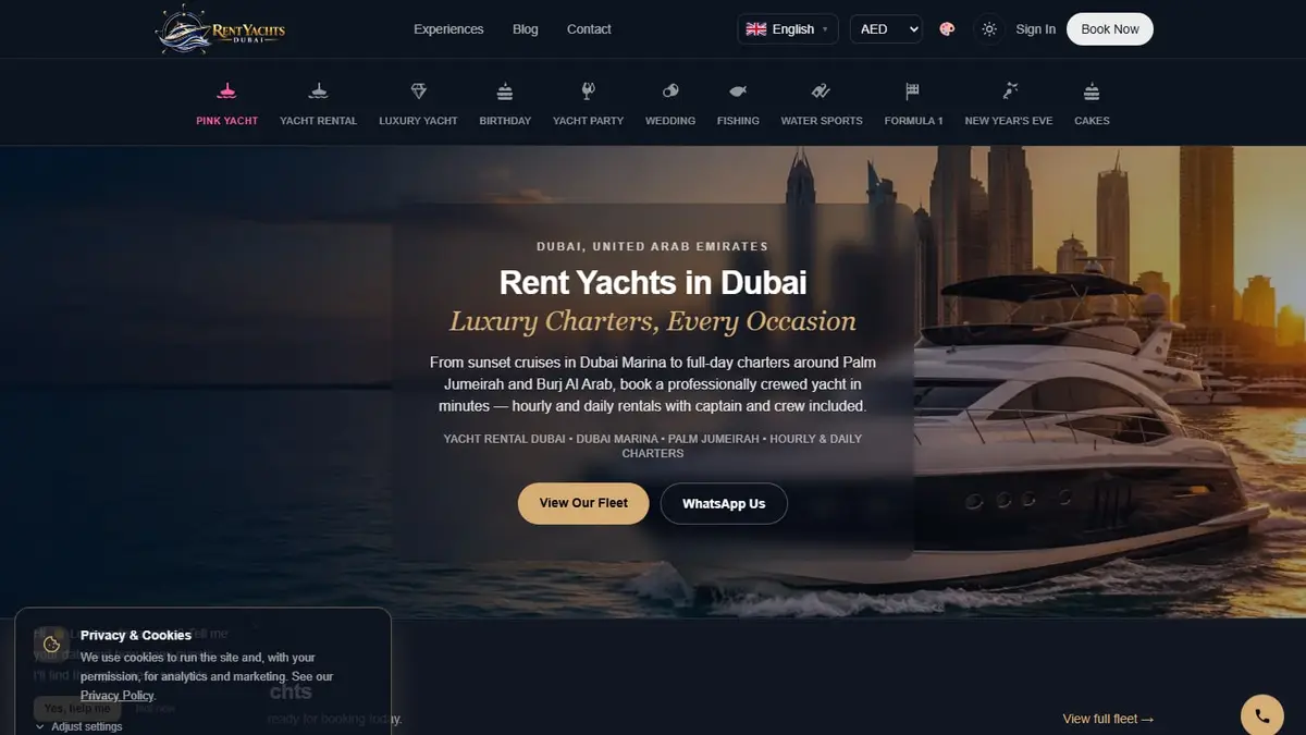 Rent Yachts Dubai website homepage showing luxury yachts available for hourly rental in Dubai Marina