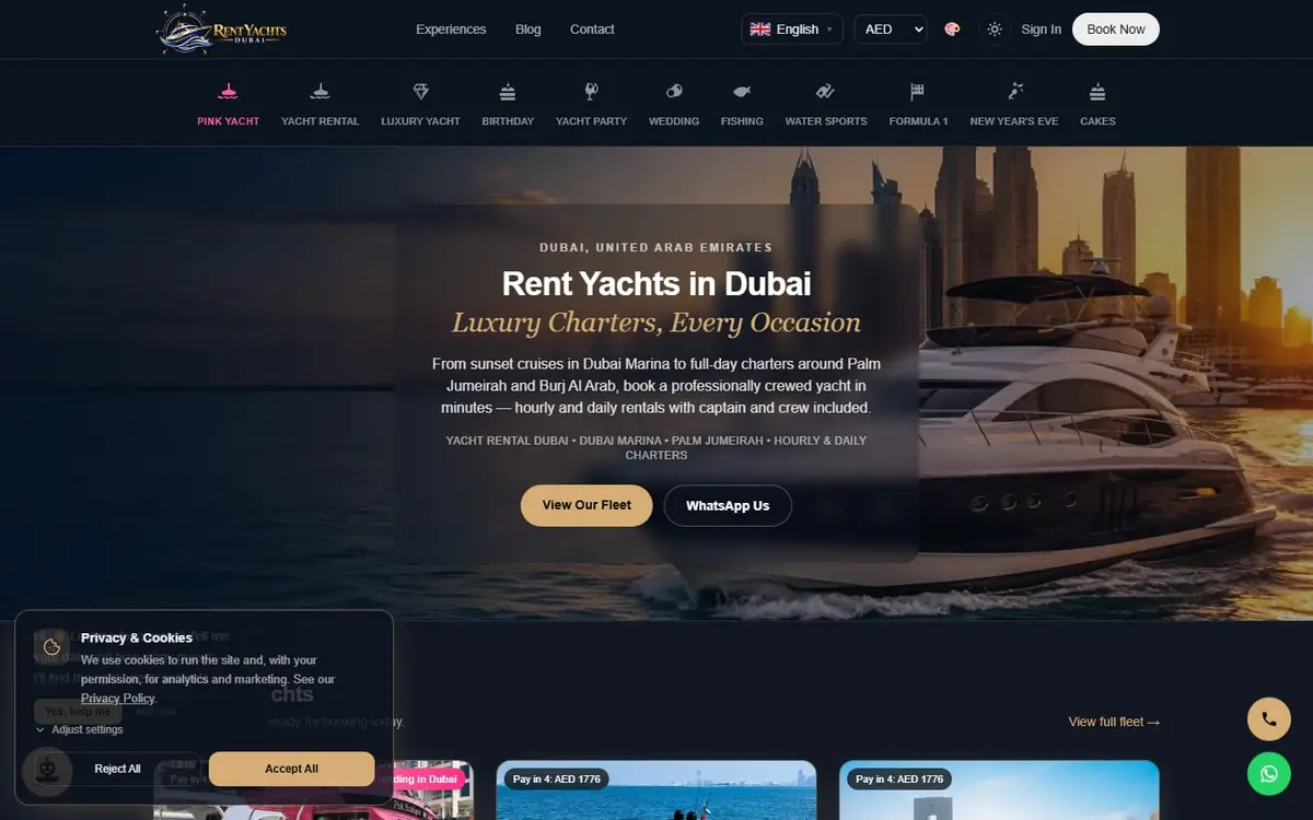 The Rent Yachts Dubai homepage, where the Dubai Marina fleet and hourly rates are listed