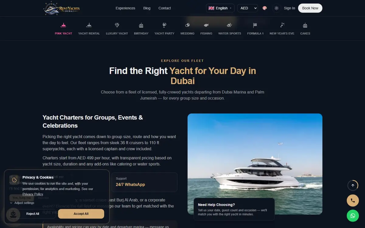 Fleet listings with guest capacity, price per hour and Pay in 4 instalment amounts