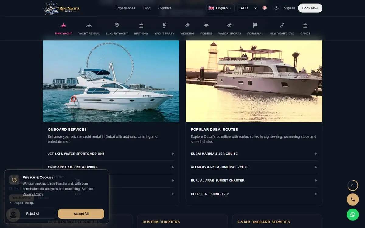 Service pages for birthdays, parties, weddings and fishing charters