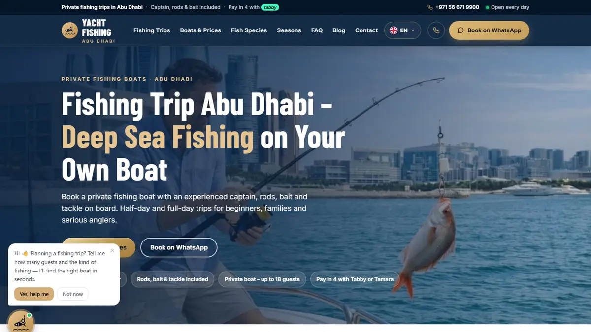 Yacht Fishing Abu Dhabi website homepage promoting private deep sea fishing trips