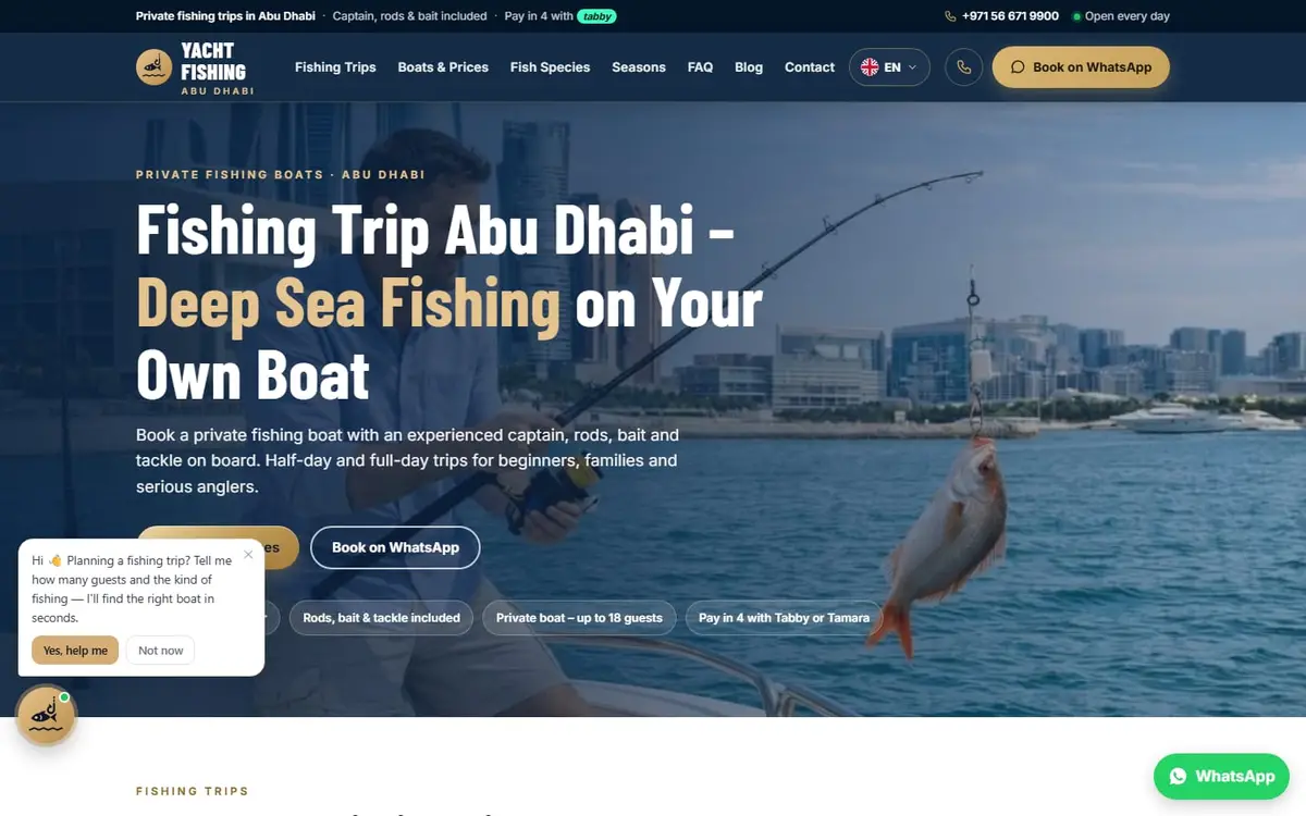 الصفحة الرئيسية لموقع Yacht Fishing Abu Dhabi لرحلات الصيد الخاصة