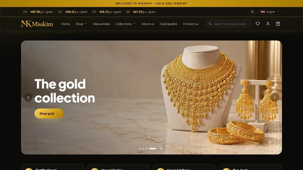 Misskim online gold jewellery store showing live gold rates per gram for 24K, 22K, 21K and 18K
