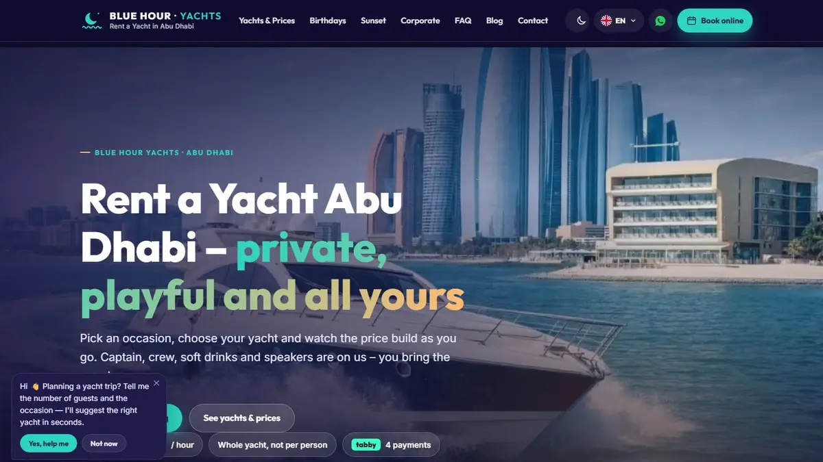 Blue Hour Yachts website for renting a private yacht in Abu Dhabi from AED 450 per hour