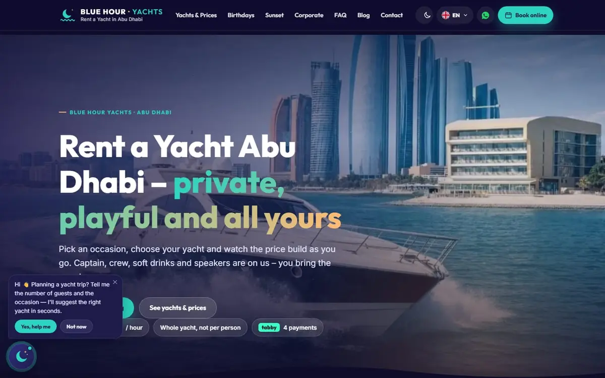 الصفحة الرئيسية لـBlue Hour Yachts لتأجير اليخوت الخاصة في أبوظبي