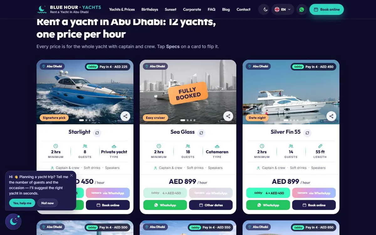 اليخوت والأسعار: السعر بالساعة لليخت كاملاً وإجمالي الساعتين