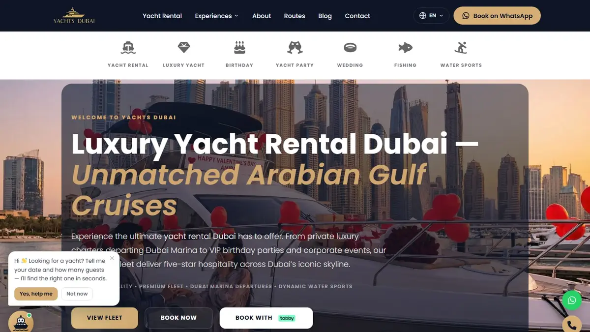 Yachts Dubai website homepage showing a private yacht cruising off Dubai Marina