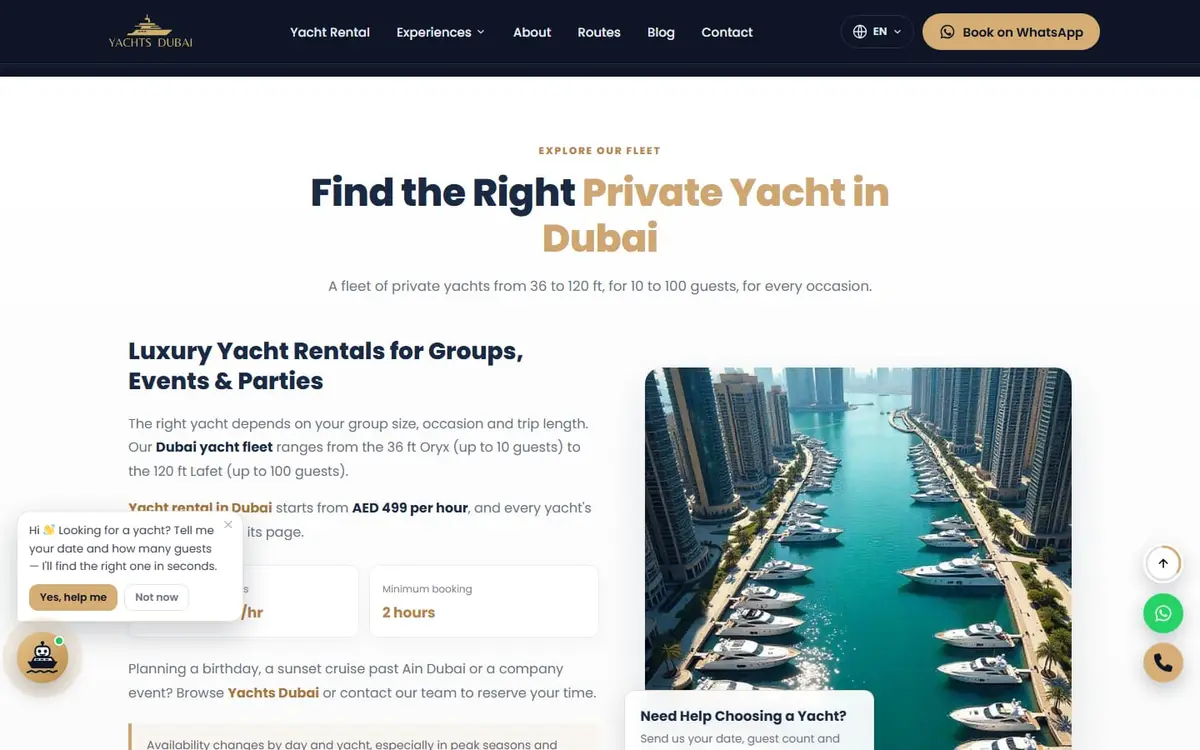قوائم الأسطول على Yachts Dubai تعرض عدد الضيوف والسعر بالساعة جنبًا إلى جنب