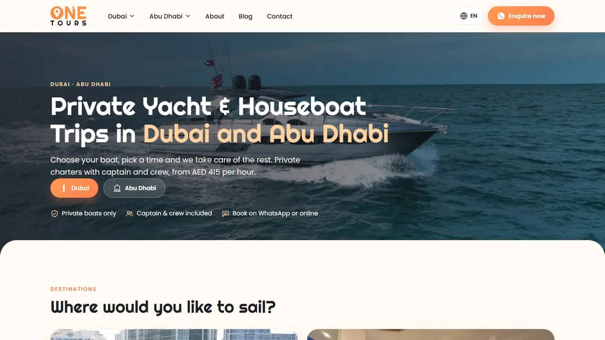 One Tours website homepage showing private boat trips in Dubai and Abu Dhabi