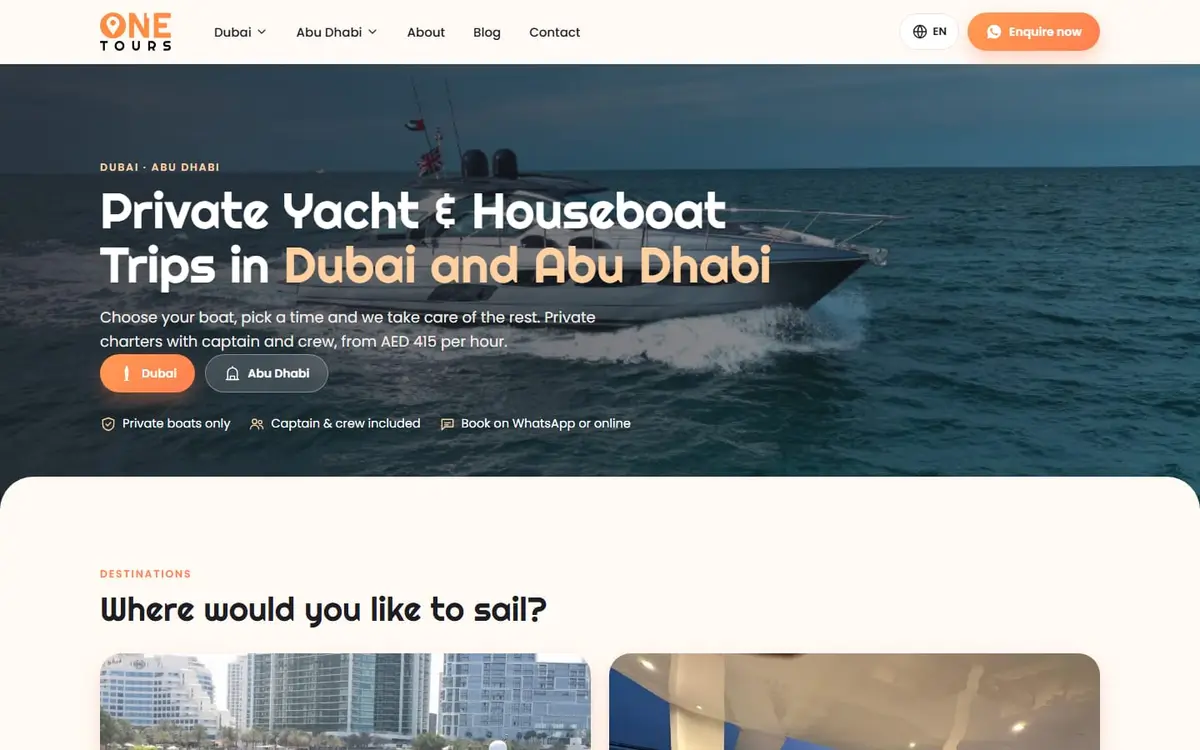 The One Tours homepage splits trips between Dubai and Abu Dhabi