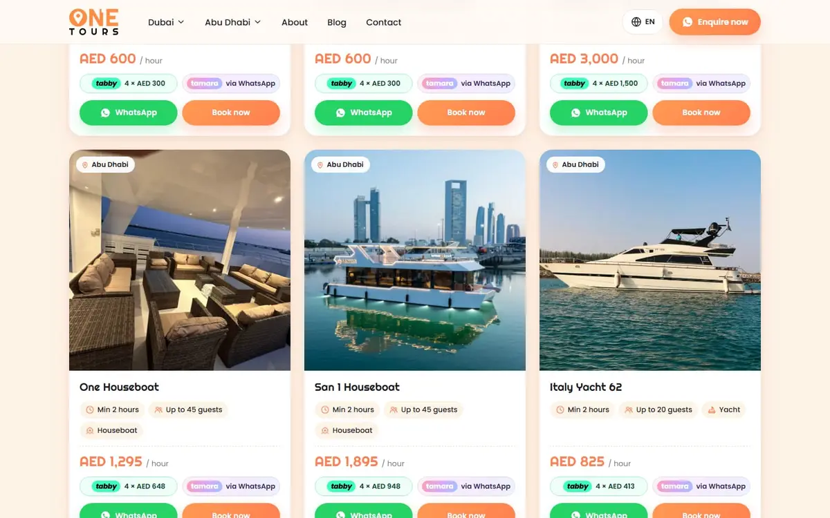 Abu Dhabi houseboat listings on One Tours, each with guest limit and hourly price