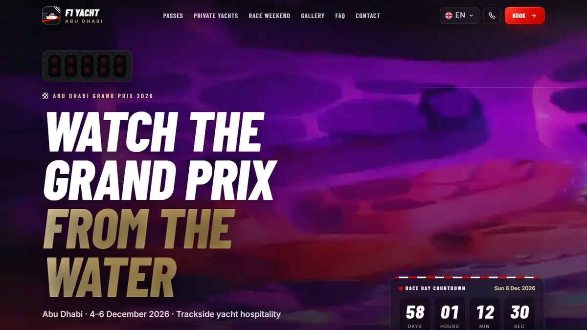 F1 Yacht Abu Dhabi website homepage showing a trackside yacht at Yas Marina Circuit