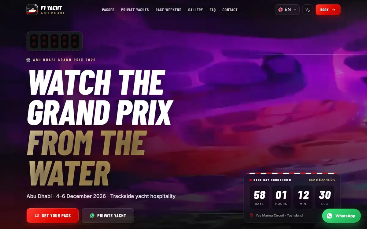 The F1 Yacht Abu Dhabi homepage with the 2026 race-weekend dates