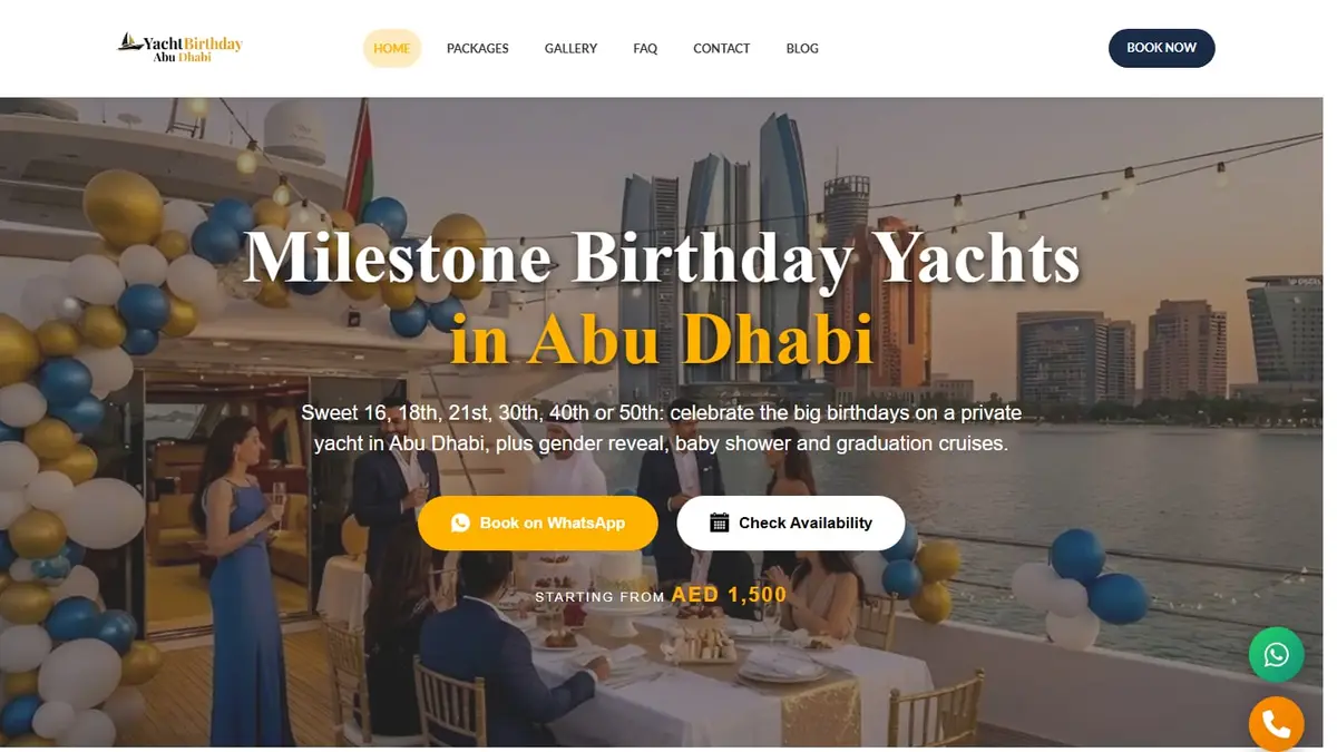Yacht Birthday Abu Dhabi website homepage showing a decorated birthday yacht