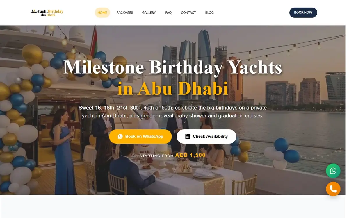 الصفحة الرئيسية لموقع Yacht Birthday Abu Dhabi، المصمَّم حول الاحتفالات المميزة