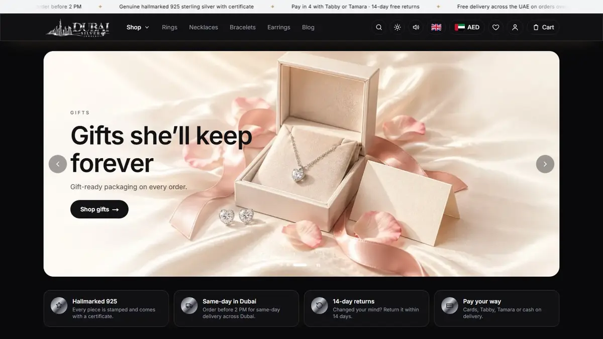 Dubai Silver online store homepage showing 925 sterling silver jewellery