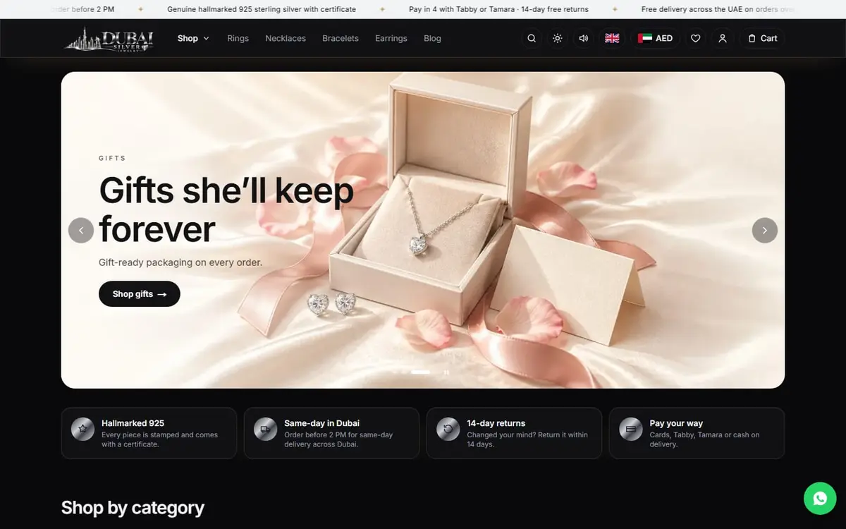 الصفحة الرئيسية لمتجر Dubai Silver مع الخواتم والسلاسل والأساور والأقراط