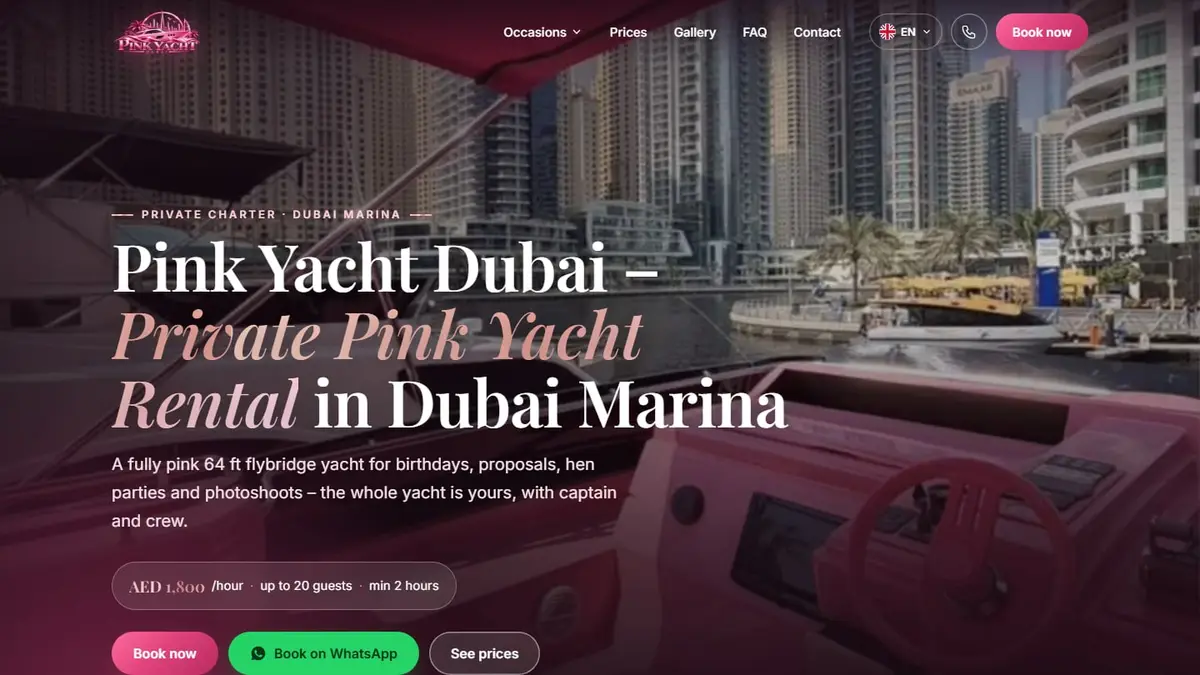 Pink Yacht Dubai website homepage showing the pink 64 ft yacht in Dubai Marina