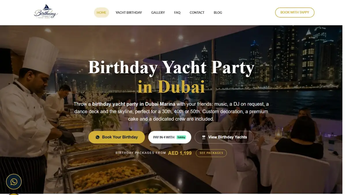 Yacht Birthday Dubai website showing birthday party yachts in Dubai Marina
