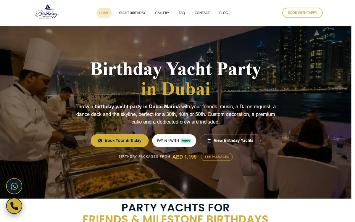 الصفحة الرئيسية لموقع Yacht Birthday Dubai، مع باقات أعياد الميلاد بدءاً من 1,199 درهم.