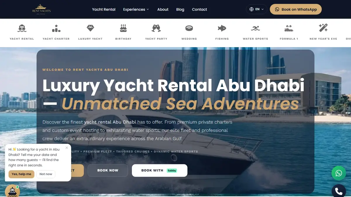 Rent Yachts Abu Dhabi website showing private yacht charters along the Abu Dhabi coast
