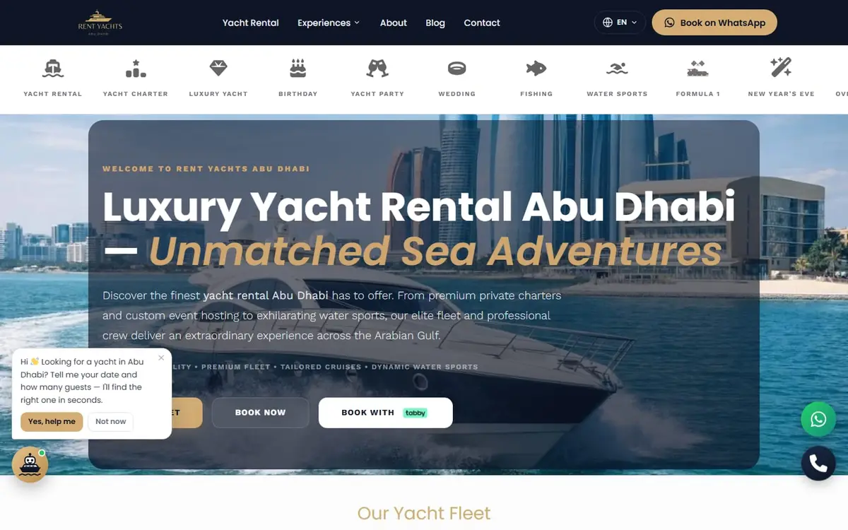 The Rent Yachts Abu Dhabi homepage, with services and starting prices per hour.