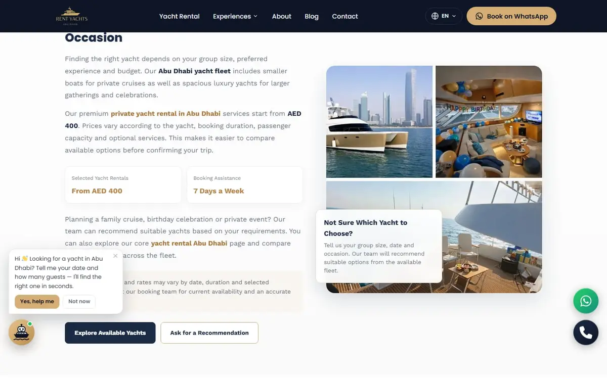 The fleet section, comparing yachts and houseboats by capacity and hourly rate.