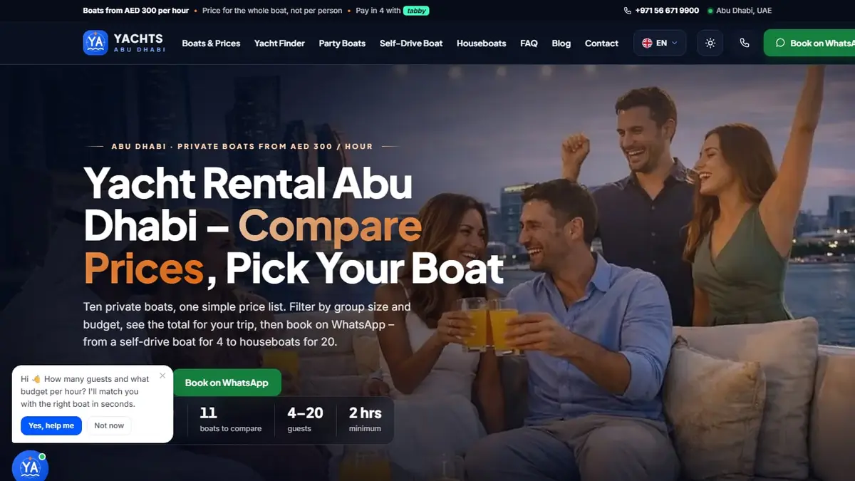 Yachts Abu Dhabi website comparing boats for rent in Abu Dhabi by price and guests