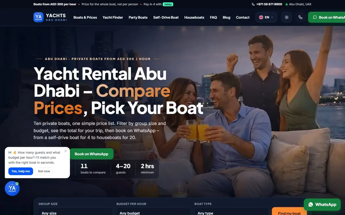 The Yachts Abu Dhabi homepage, with boats from AED 300 per hour for the whole boat.