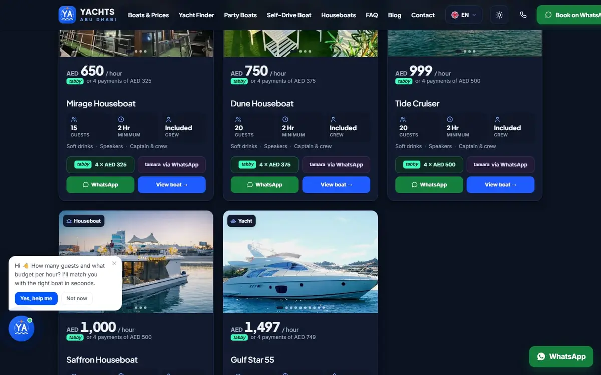 The boat comparison table, listing guests, hourly price and 2-hour totals.