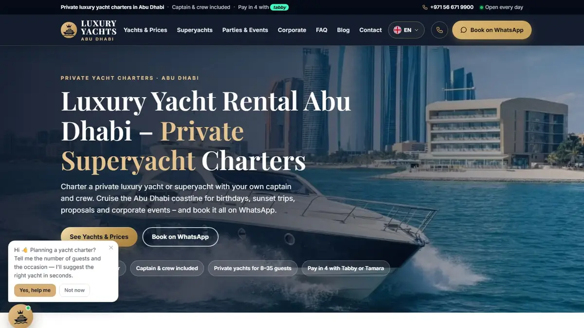 Luxury Yachts Abu Dhabi website showing private superyacht charters
