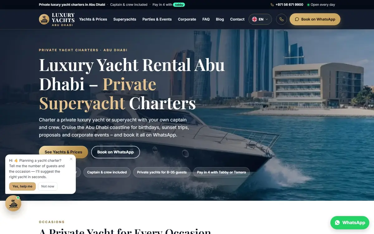 The Luxury Yachts Abu Dhabi homepage, with private superyacht charters and crew included.