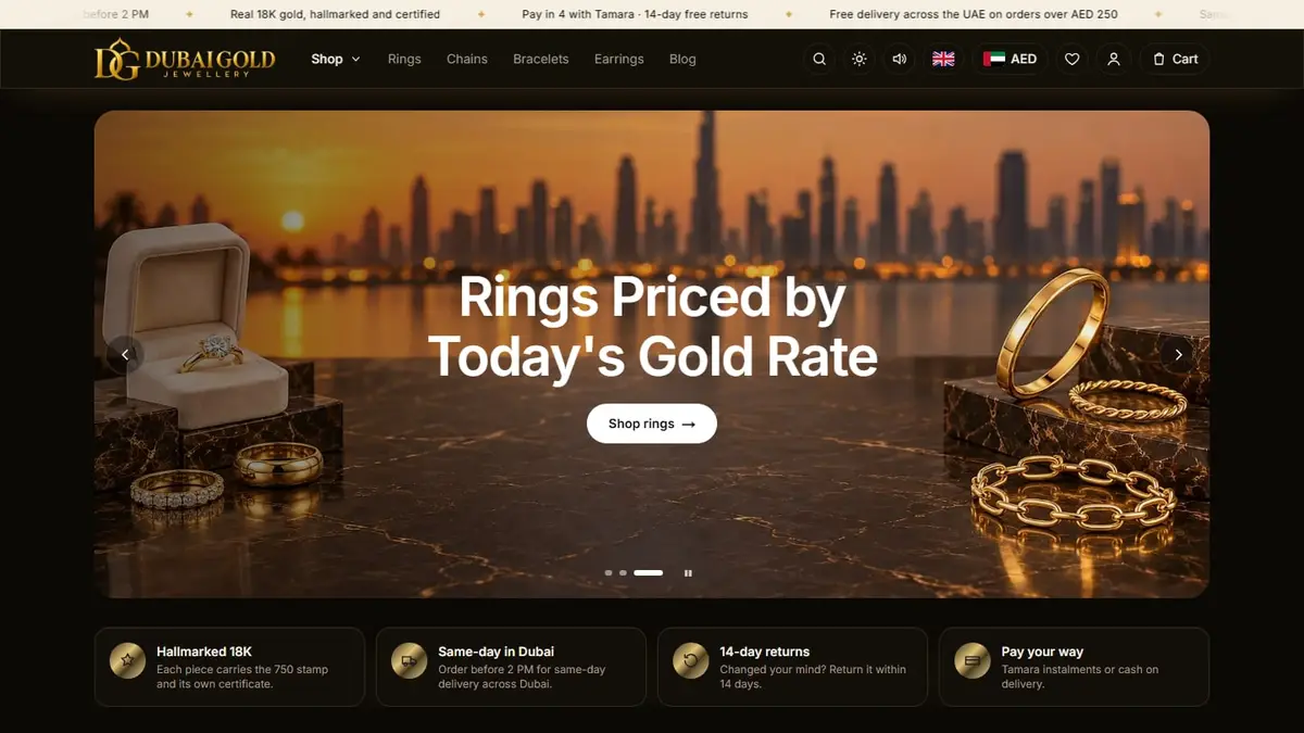 Dubai Gold Jewellery online store showing 18K gold rings, chains and bracelets