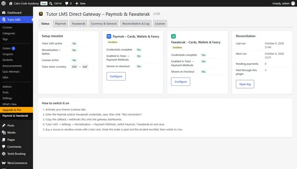 Tutor LMS Direct Gateway – Paymob & Fawaterak